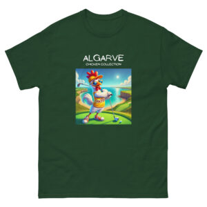 unisex-tshirt-forest-green-whit-An illustrative-drawing-of-a-vibrant-and-energetic-anthropomorphic-chicken-character-playing-golf-on-a-lush-green-golf-course-atop-a-coastal-cliff
