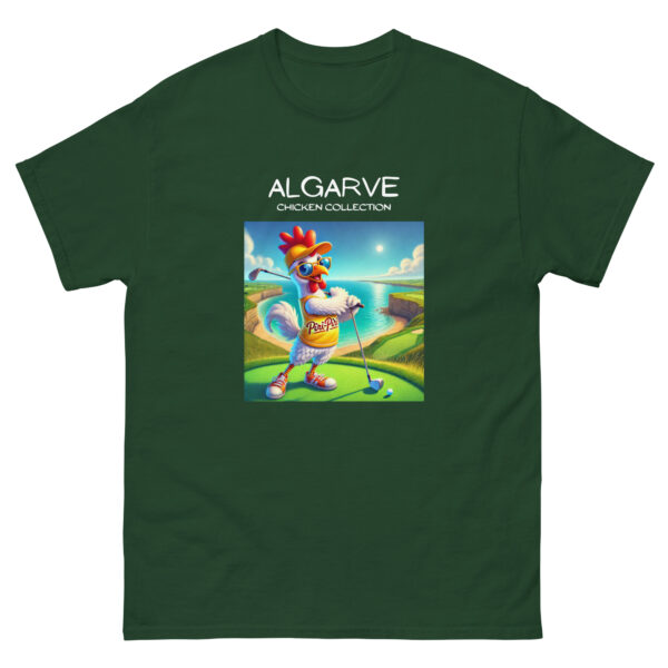 unisex-tshirt-forest-green-whit-An illustrative-drawing-of-a-vibrant-and-energetic-anthropomorphic-chicken-character-playing-golf-on-a-lush-green-golf-course-atop-a-coastal-cliff